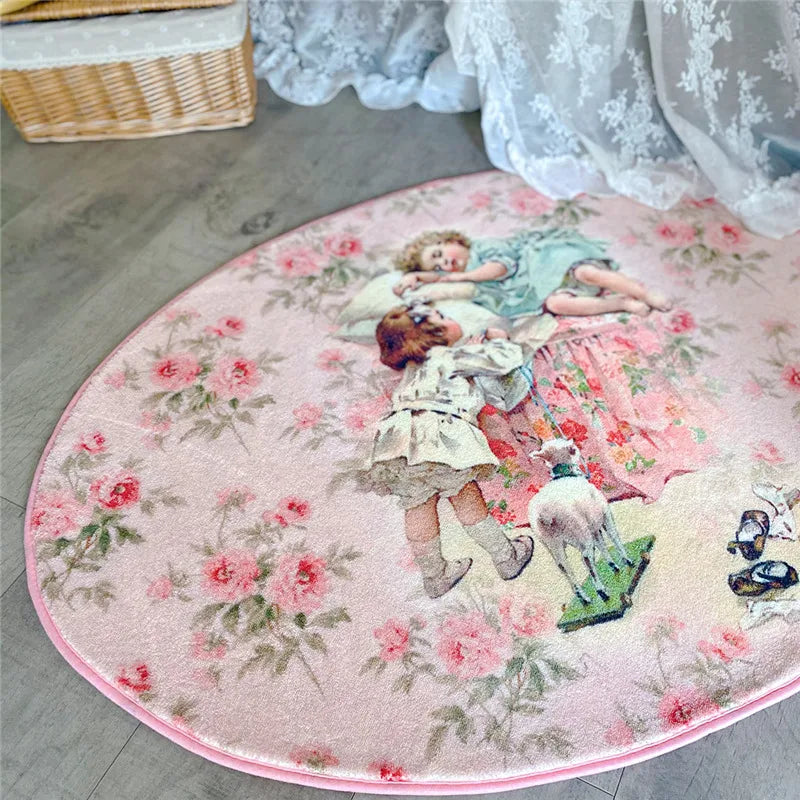 tapis rond fleuri vintage antidérapant doux franges vert rose chambre salon pastel romantiqueintérieur
