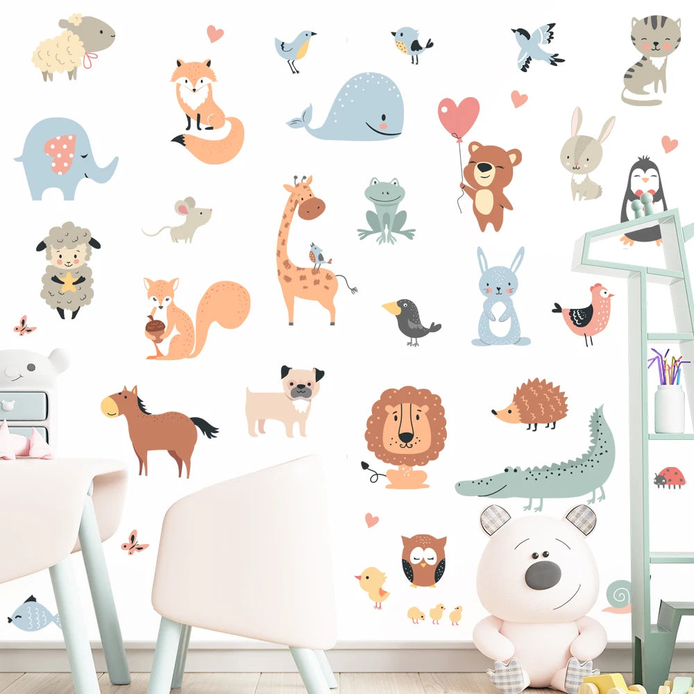 sticker mural animal dessin animé adhésif pvc bleu orange gris vert rose blanc mignon