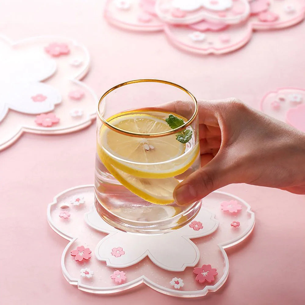 coasters polyester transparents fleurs roses blanches modernes antidérapants cuisine décoration