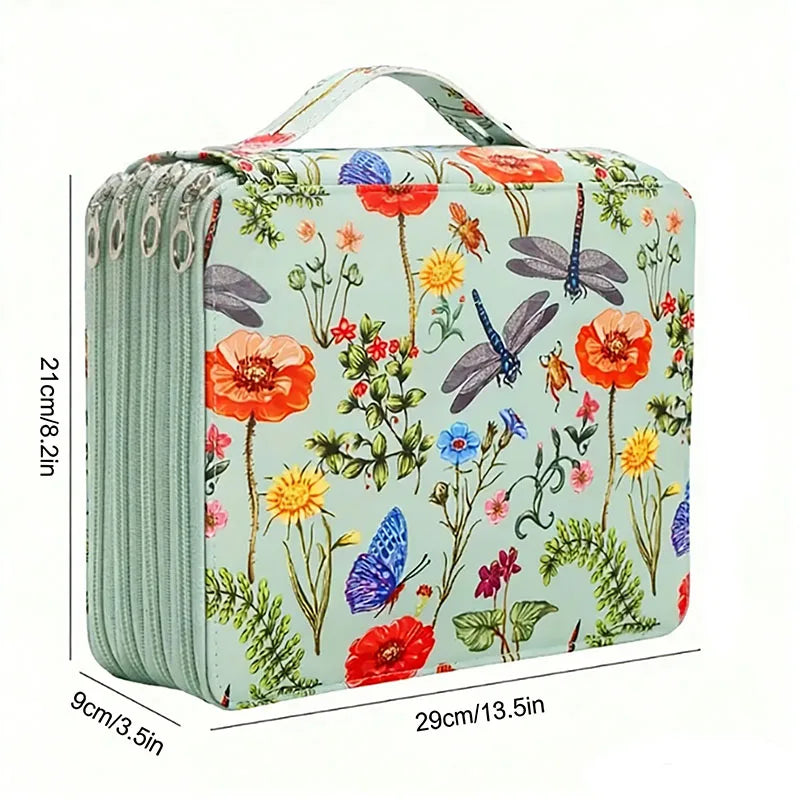 boîte crayons fleurs papillons zips 200 trous tissu polyestère moderne bleu vertclair