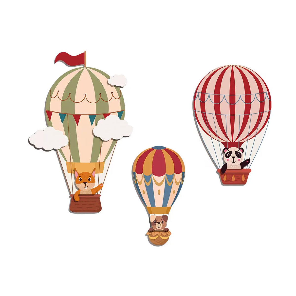 décorations murales bois ballons air chaud rayures nuages animaux mignons vert beige rouge blanc