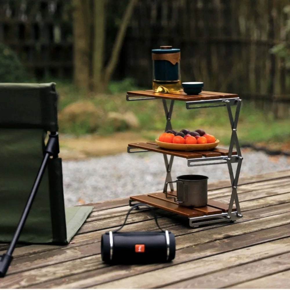 étagère pliable bois brun clair moderne trois niveaux clips fixation multifonctionnelle campingintérieur