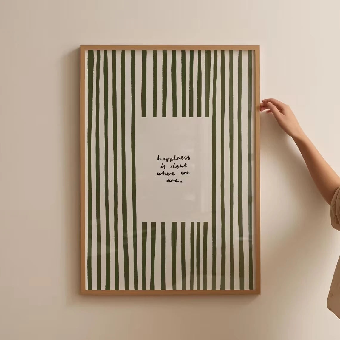 affiche murale moderne rayures vertes cadre bois décoration chambre salonVERT OLIVE MINIMALISTE