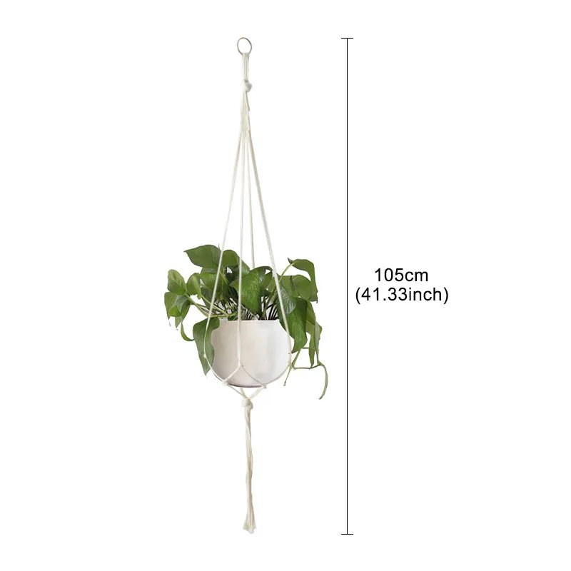 Support plante suspendue macramé boho rotin blanc orange anneaux métalliques