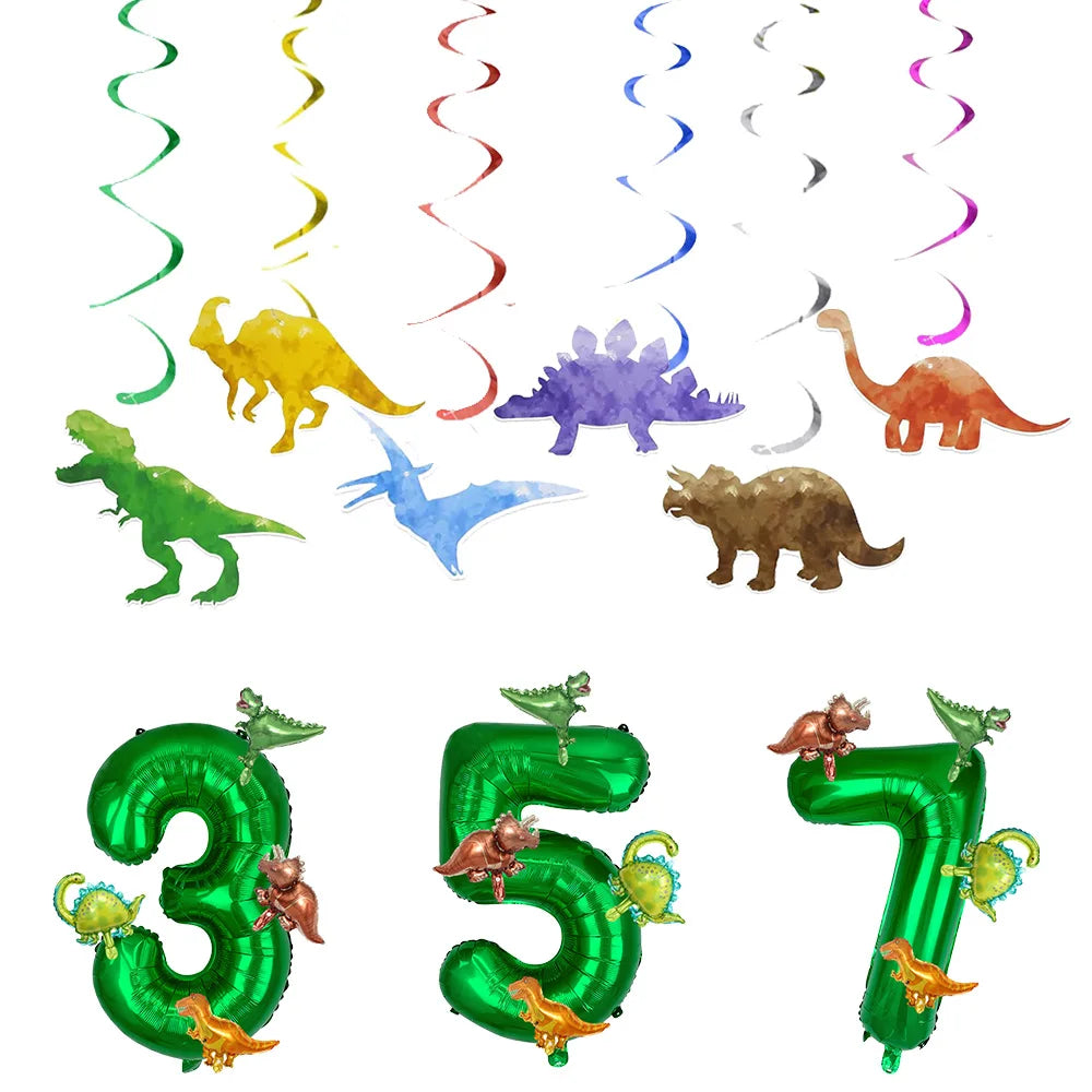 décoration anniversaire enfant dinosaure ballons numériques spirales colorées guirlande murale fête papier vert
