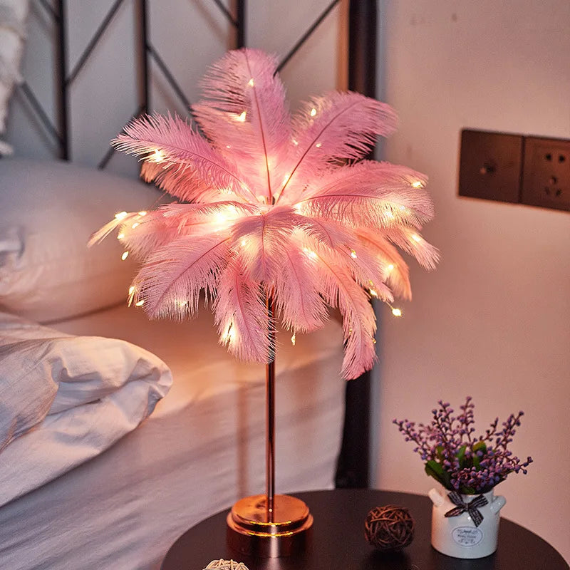 lampe arbre plumes guirlande led rose blanche dorée décoration bohème moderne chambre