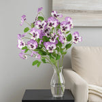 bouquet artificiel violet blanc jaune fleurs motifs feuilles vertes decoration maison anniversaire mariage