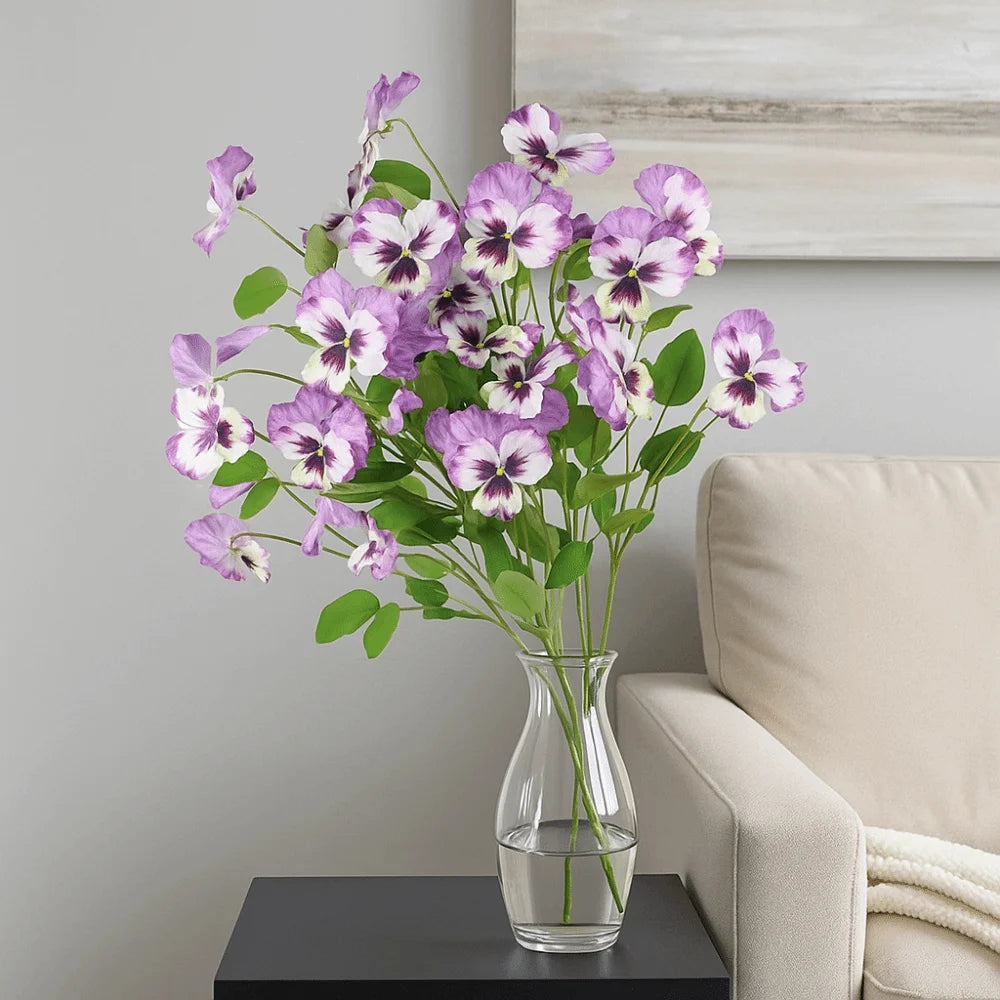 bouquet artificiel violet blanc jaune fleurs motifs feuilles vertes decoration maison anniversaire mariage