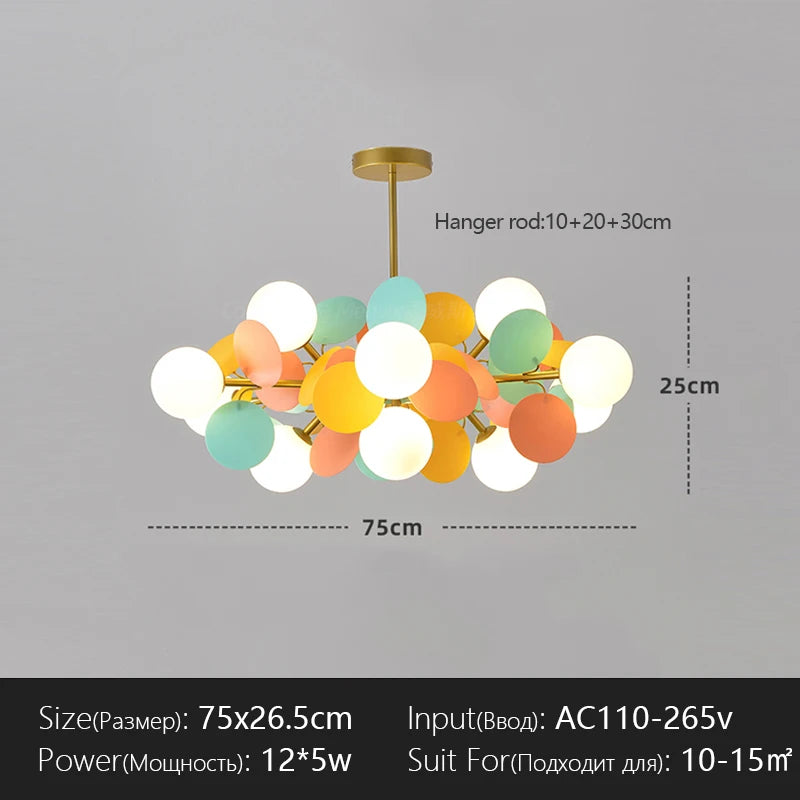 suspension lumineuse moderne multicolore boules translucides branches métalliques led salon chambre