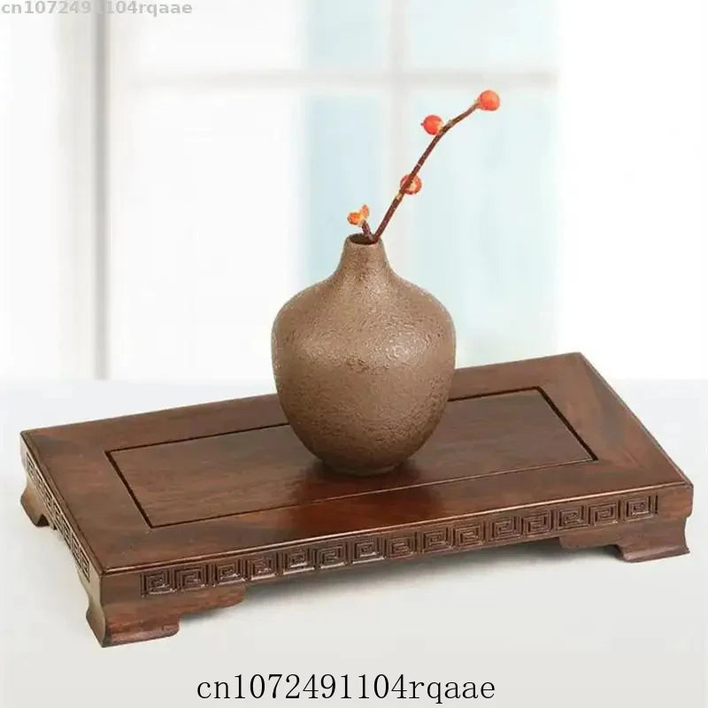 plateau bois gravé classique vase fleurs artificielles marron foncé crafts display holder shelf base