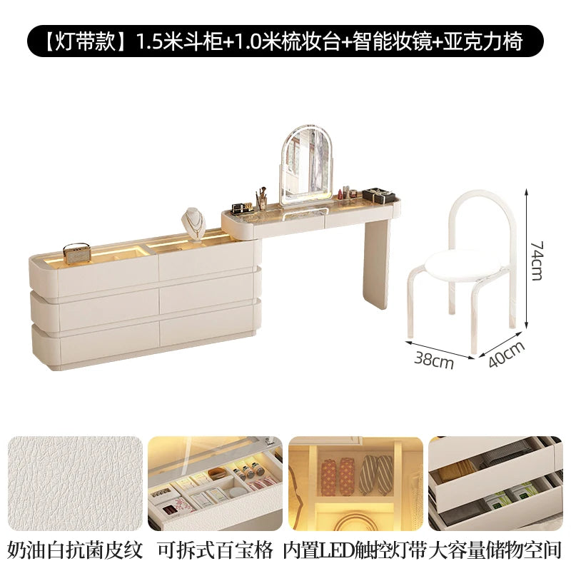 coiffeuse bois moderne beige miroir tiroirs tabouret étagère rangement chambre coucher