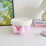 panier rangement rose blanc rayures horizontales noeud décoratif réutilisable polyestère enfantin cordelette organisation jouets