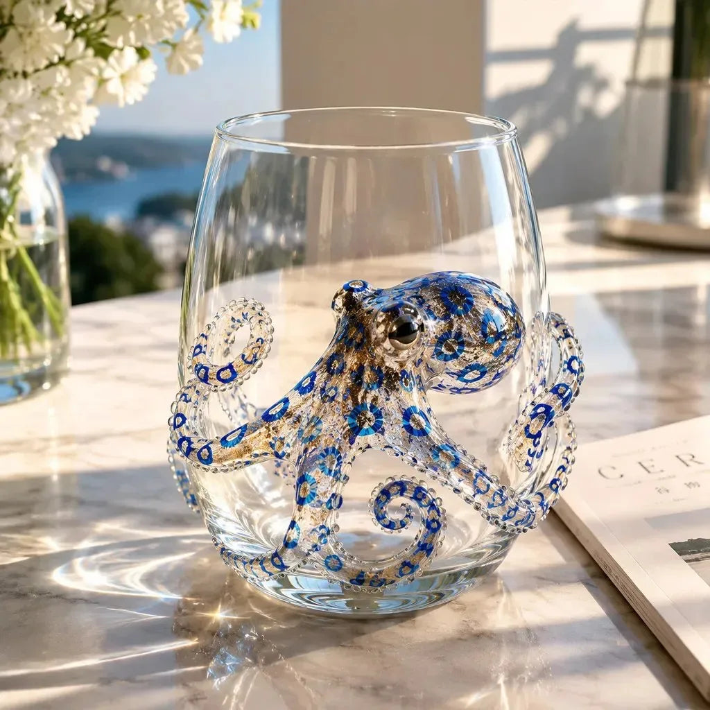 verre vin transparent animaux marins crabe hippocampe pieuvre décoration marineOpaque