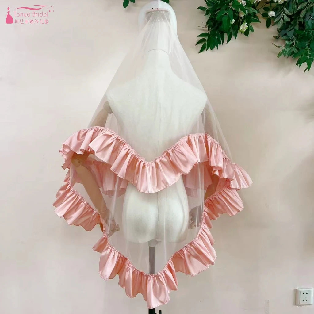 voile mariée blanc rose violet classique élégant volants polyester deux couches translucide
