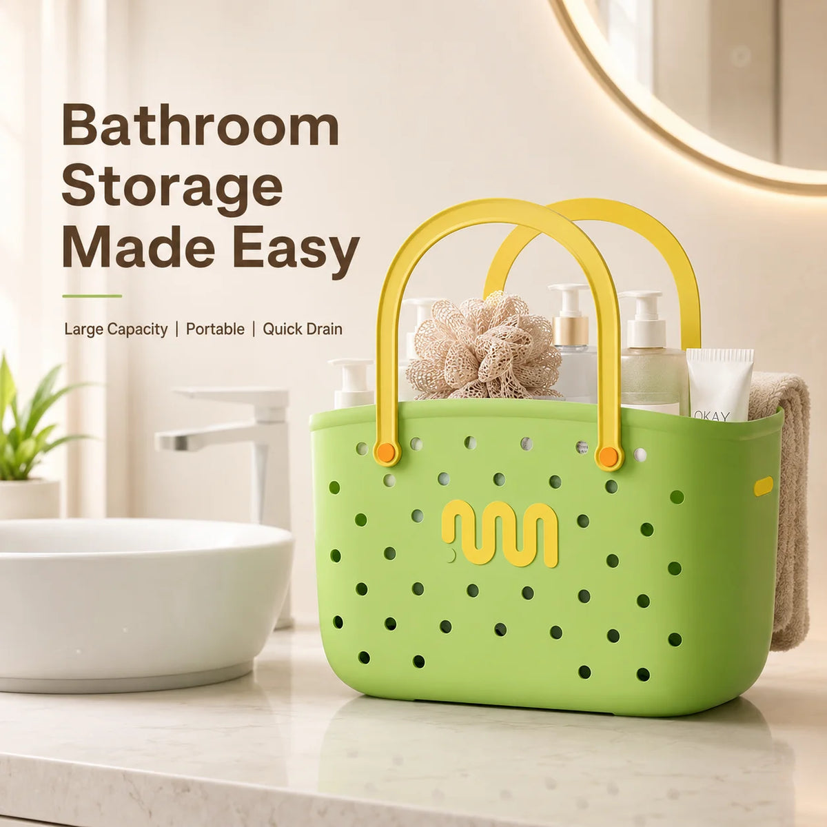 panier rangement douche bain organisation drain large capacité shampoing cosmétiques moderne vert jaune transparentTrou