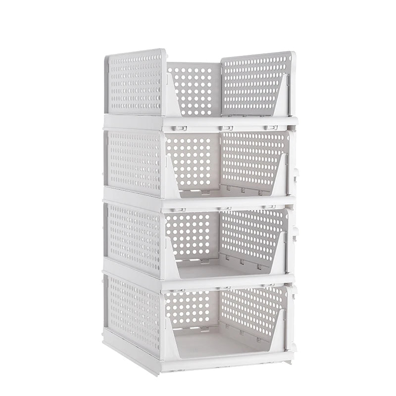 paniers rangement blancs perforés empilables respectueux environnement moderne fournis clips armoire vêtements pliés