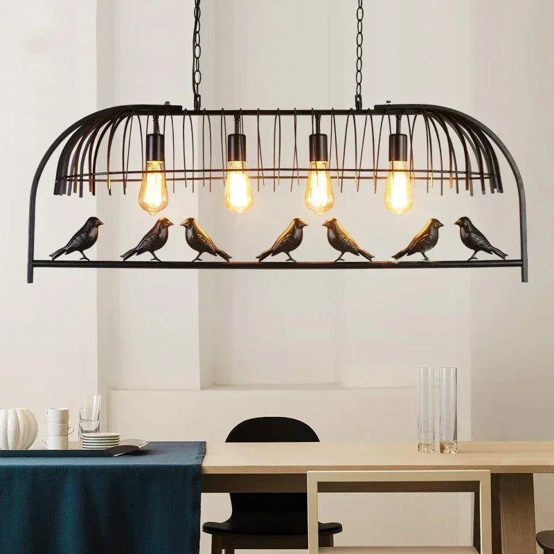 suspension lumineuse vintage oiseaux métal feuilles vert ampoules noir doré rustique