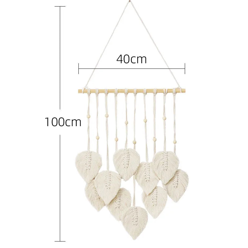 décoration murale boho feuilles tissées vert blanc marron rose gris suspension