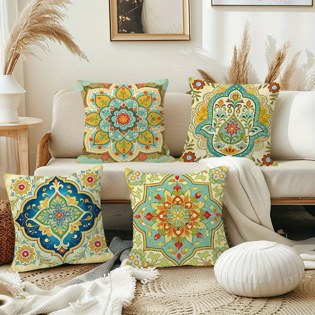coussins carrés multicolores motifs floraux géométriques ethnique polyester peachskin opacité fixations décoration maison canapé