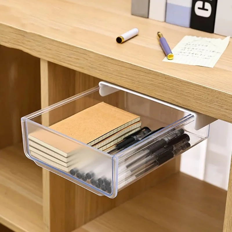 tiroir rangement transparent adhésif moderne papier stylos gommes rangement sous table blanc utilitaire