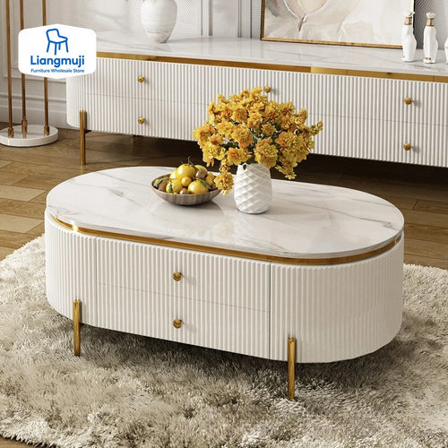 table basse moderne marbre blanc minimaliste pieds dorés tiroirs élégants salon unique