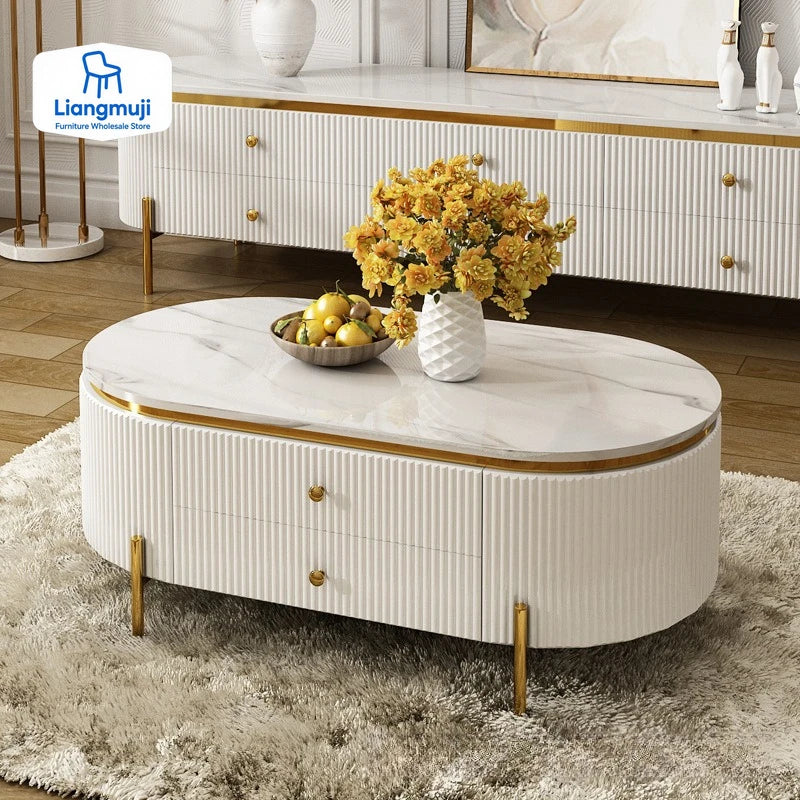 table basse moderne marbre blanc minimaliste pieds dorés tiroirs élégants salon unique