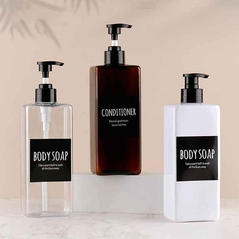 shampooing conditionneur savon main bouteille rechargeable pompe pression noir blanc bleu brun minimaliste