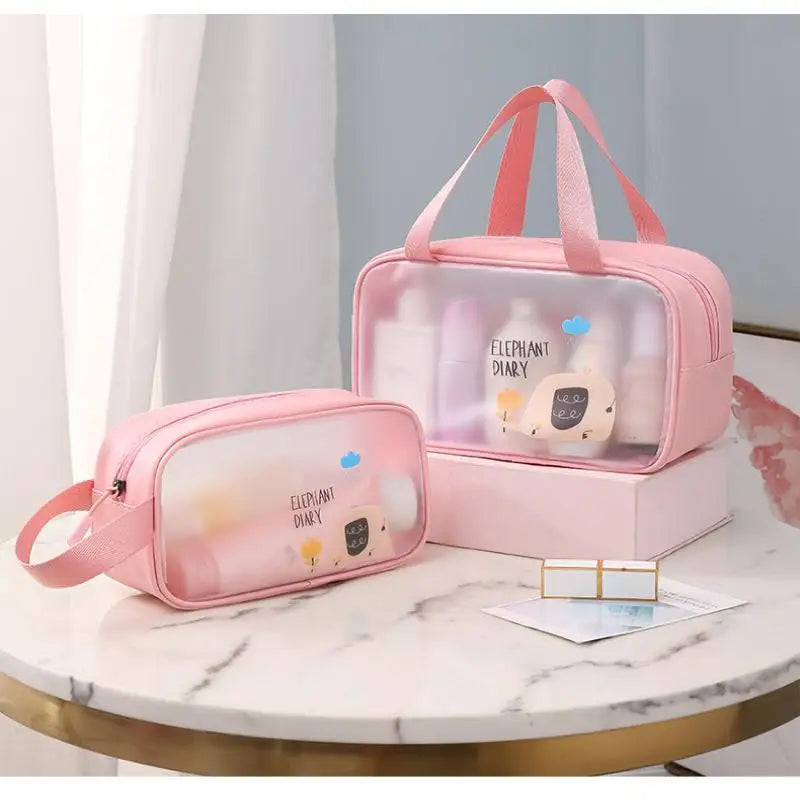 sac rangement transparent cosmétiques imprimé animaux poignée souple rose bleu clair moderne pratique voyage