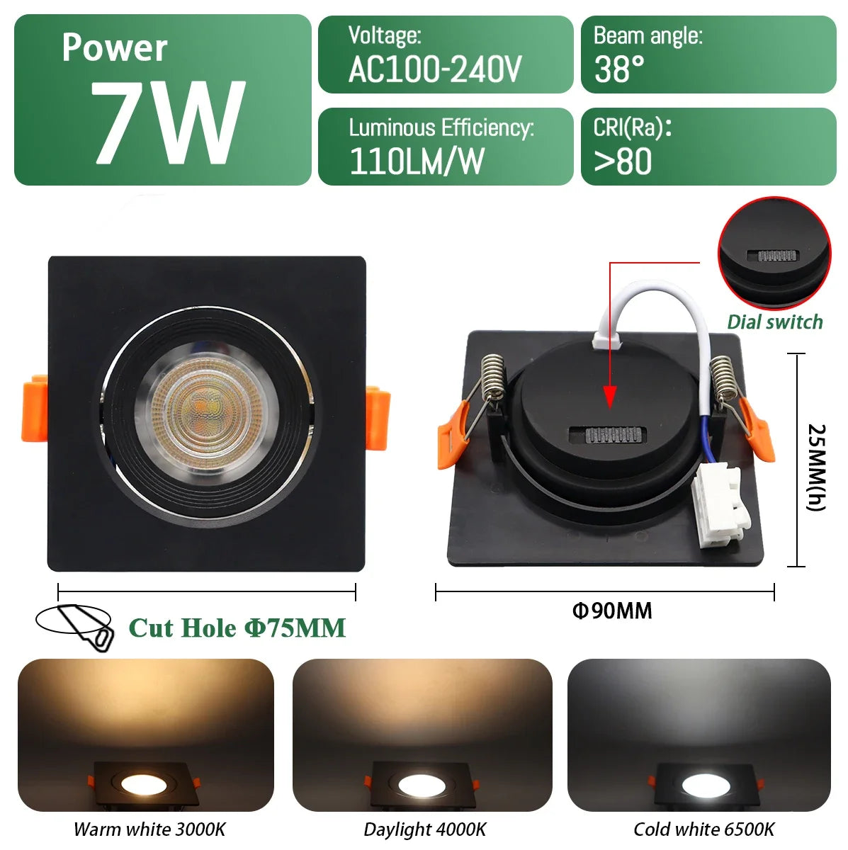 Spot LED Blanc Noir 75mm 90mm 120° 38° 90° interrupteur CCT moderne