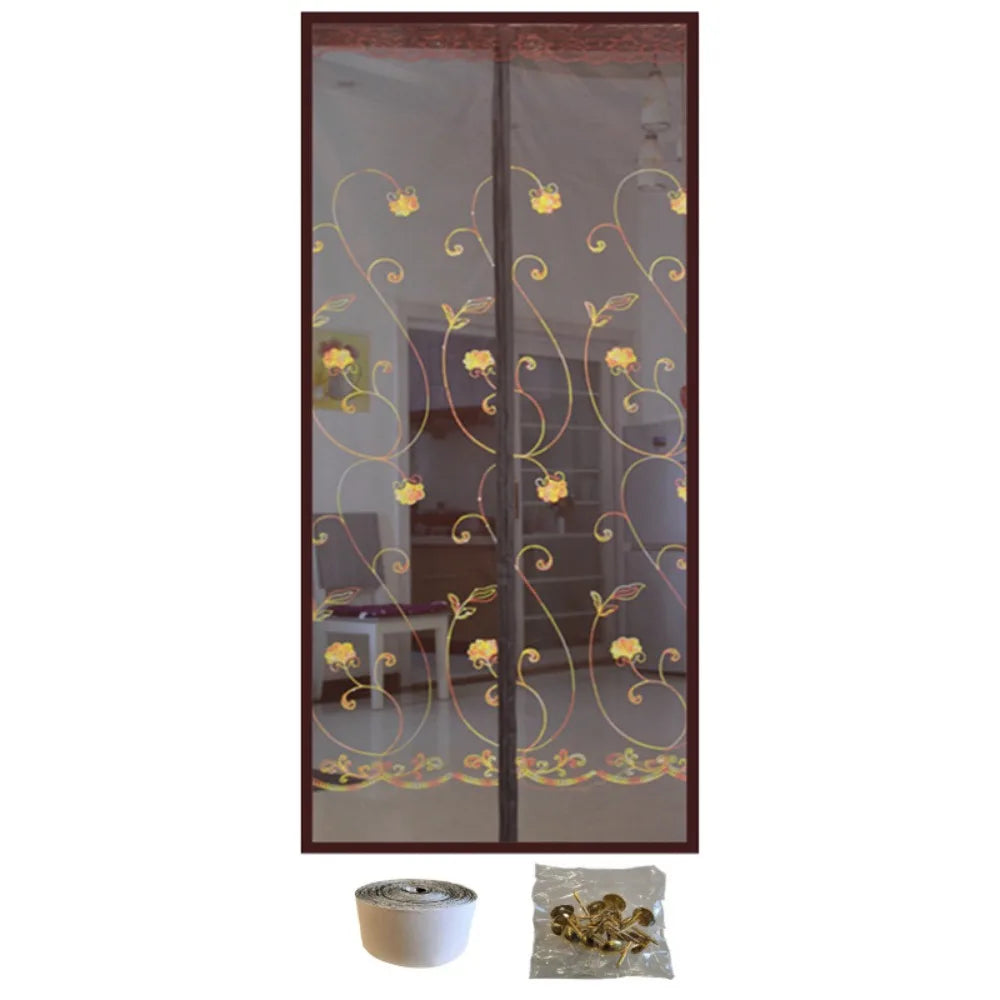 rideau porte moderne gris translucide fleurs dorées motifs géométriques bien ventilé anti insectes