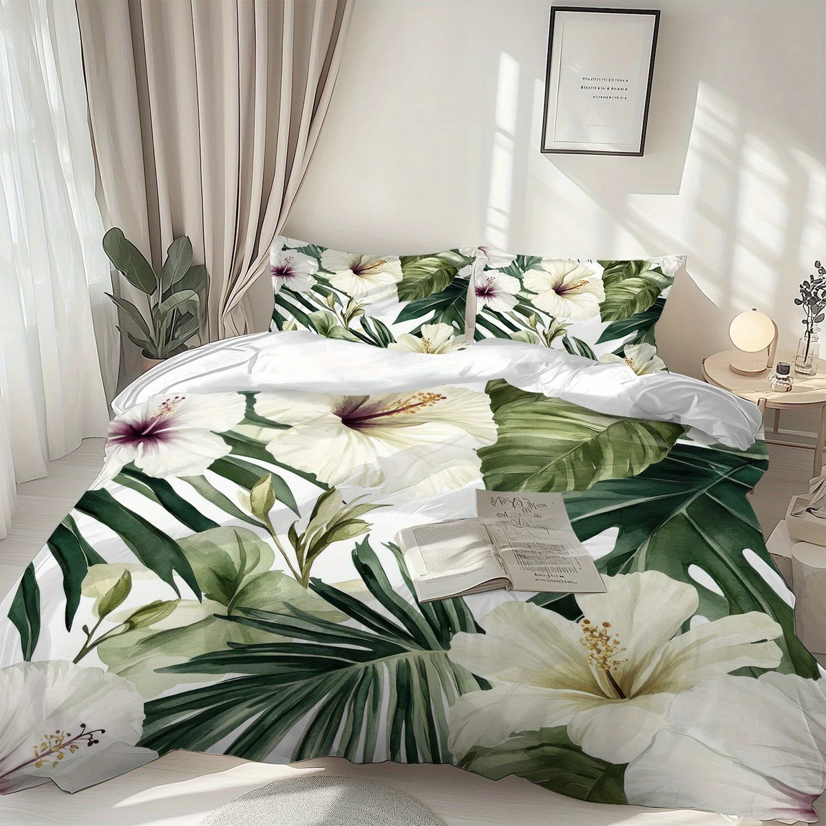 ensemble literie floral hibiscus moderne blanc vert beige twin full queen king