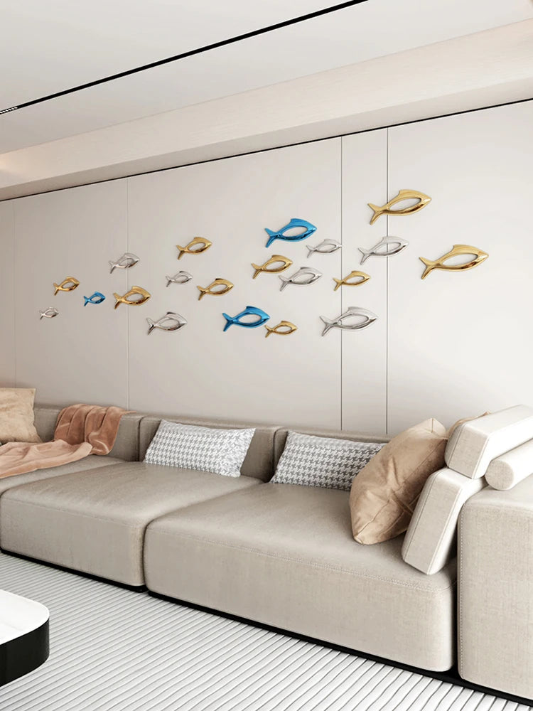 décoration murale poisson 3d moderne plastique adhésif argent bleu or salon