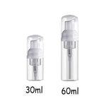 flacons mousse 60ml 30ml rechargeables transparents bouchons blancs contemporains voyage