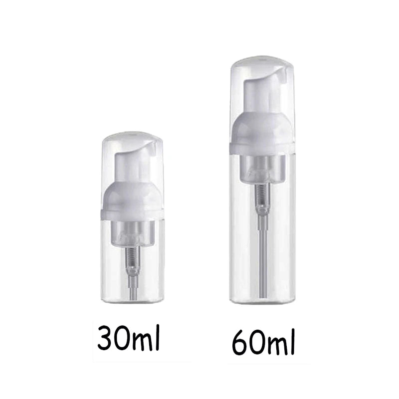 flacons mousse 60ml 30ml rechargeables transparents bouchons blancs contemporains voyage