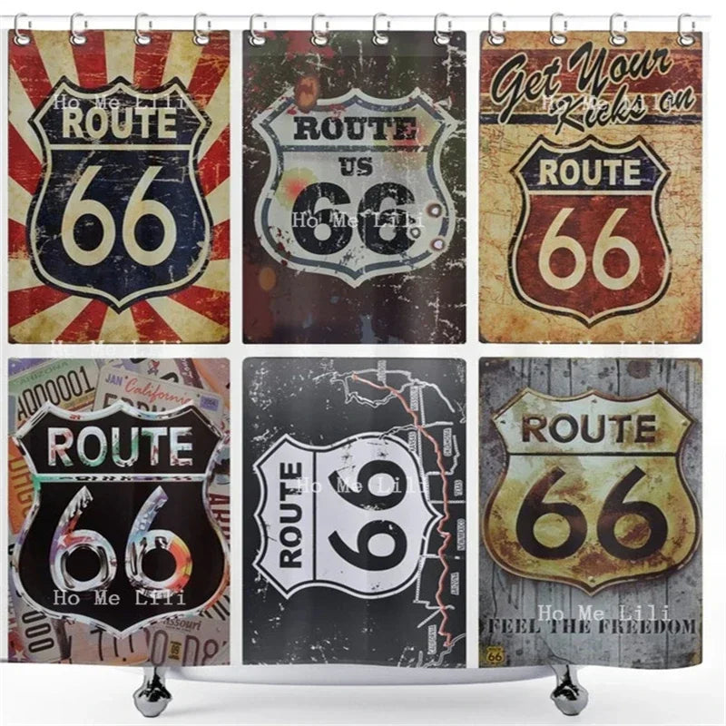 Détail du motif Route 66 et ours californien sur rideau de douche rétro