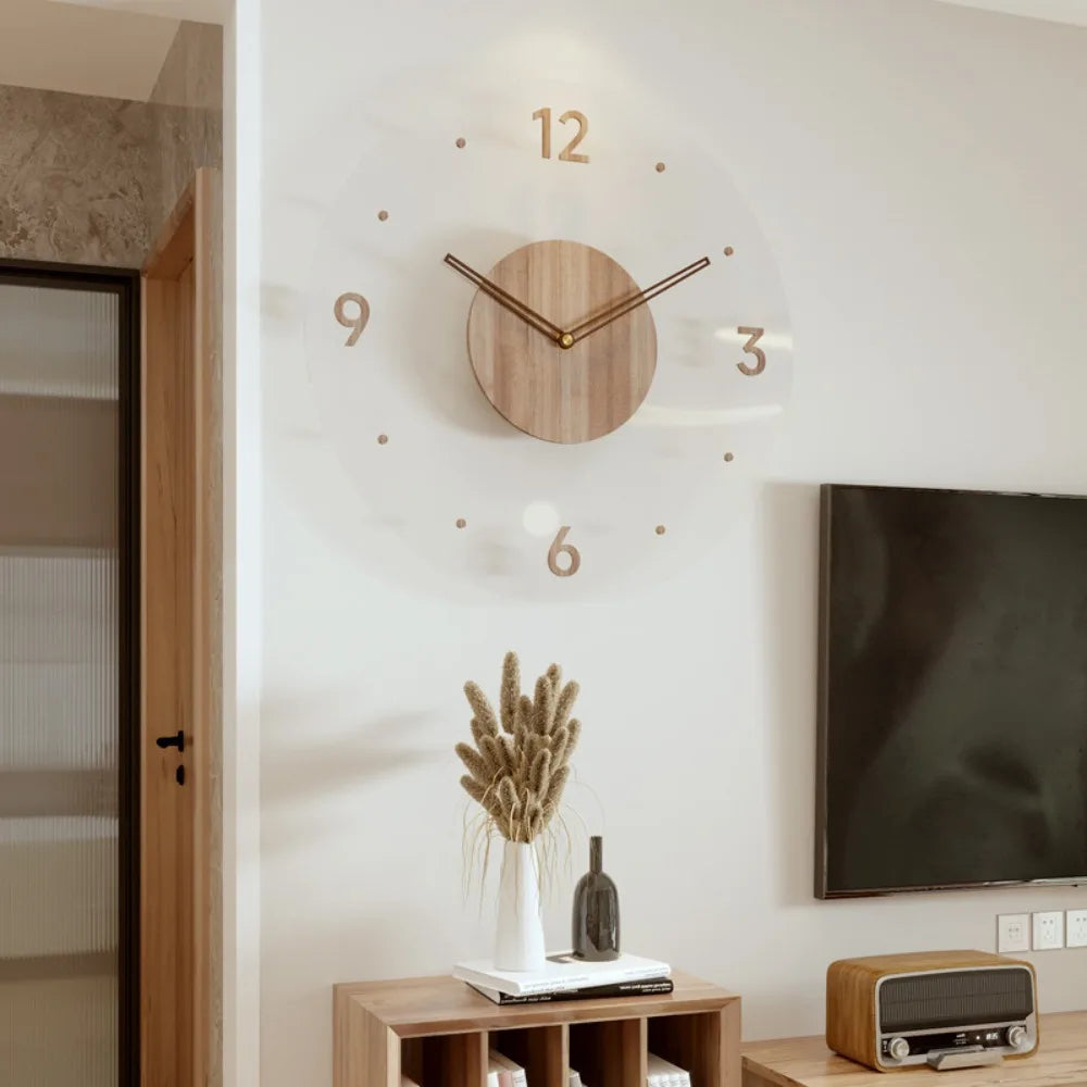 horloge murale moderne bois grainé transparente beige clair minimaliste chiffres fleurs fruits