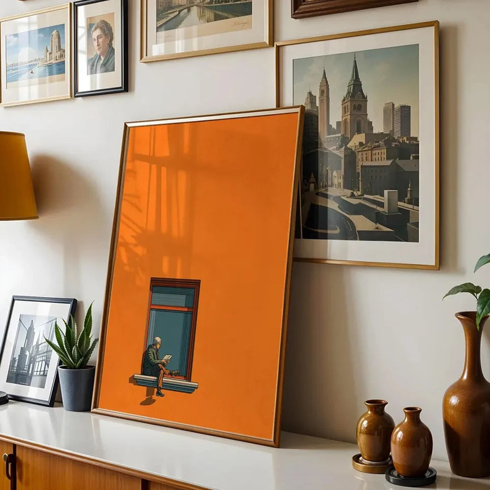 impression toile homme fenetre moderne minimaliste orange marron noir texture coton chambre décoration