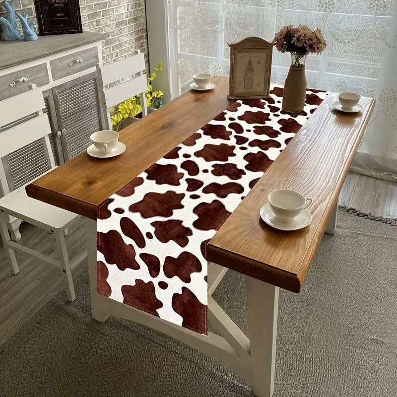 table table lin peau vache motif taches marron fond blanc moderne rustique farmhouse deco