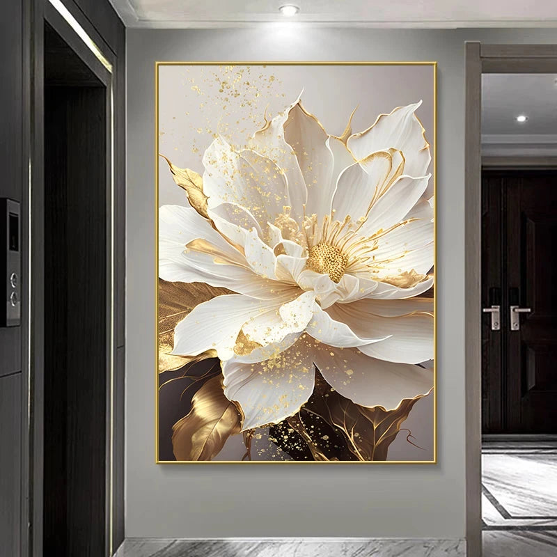 toile d'art moderne élégante fleur blanche feuilles dorées abstraction sans cadre chambre salon decoration