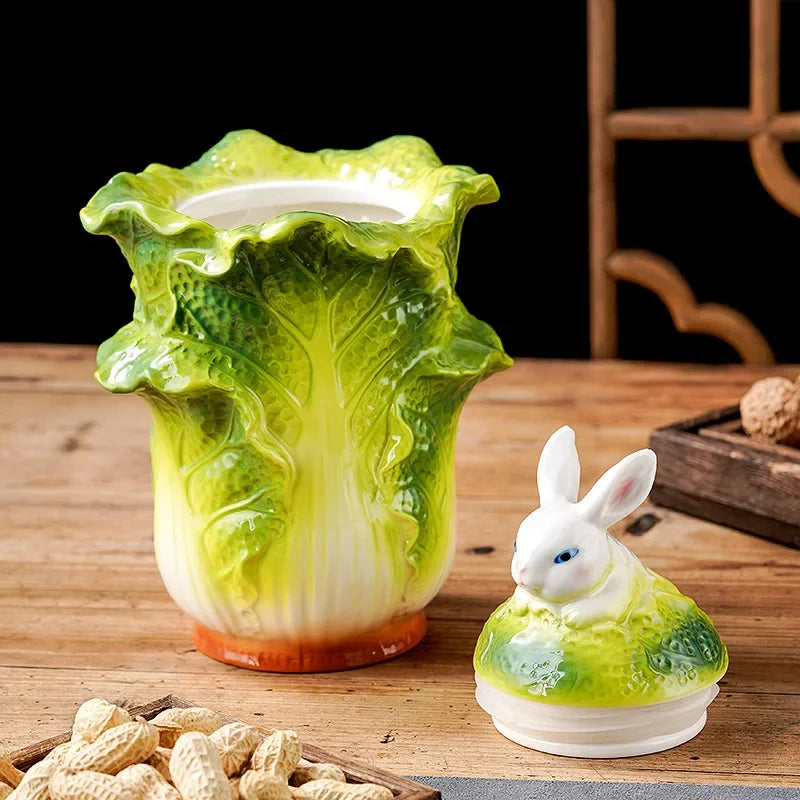 récipient decoratif forme chou couvercle lapin céramique vert blanc orange texturé ludique domestique hermétique