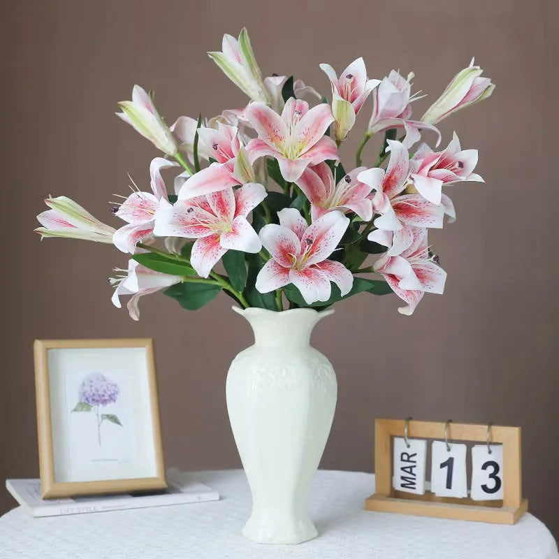 bouquet fleurs artificielles lys blanc jaune rose vert moderne élégant intérieur décoration table salon