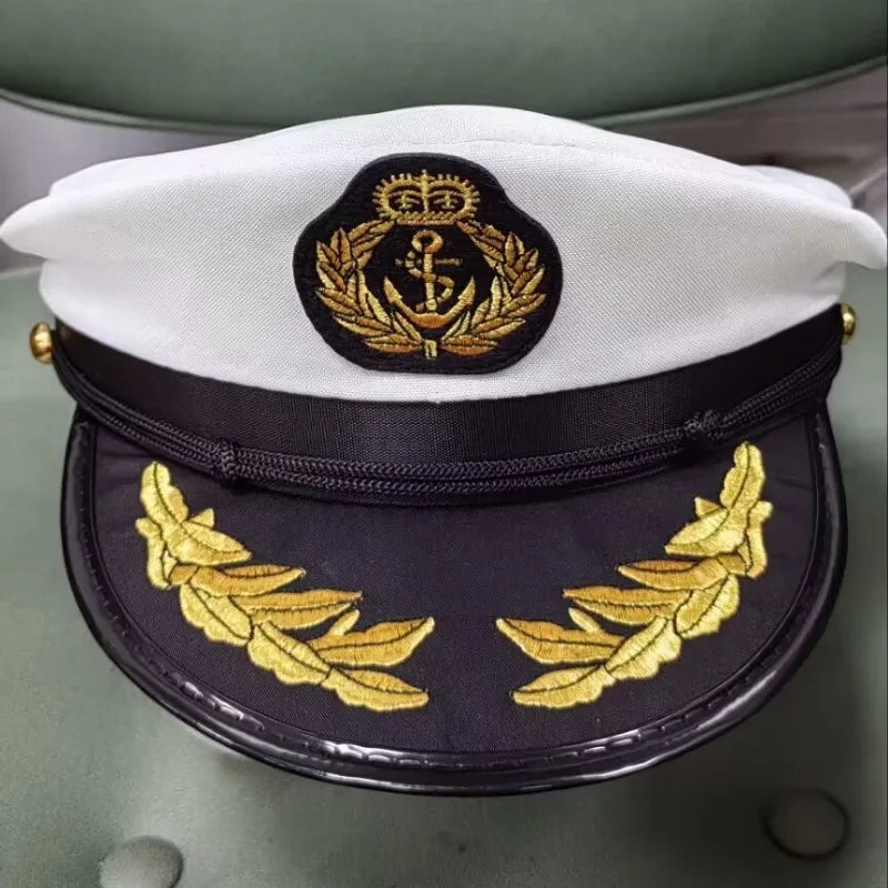 chapeau marin brodé ancre captain feuilles dorées ajustable noir blanc anniversaire mariage fête