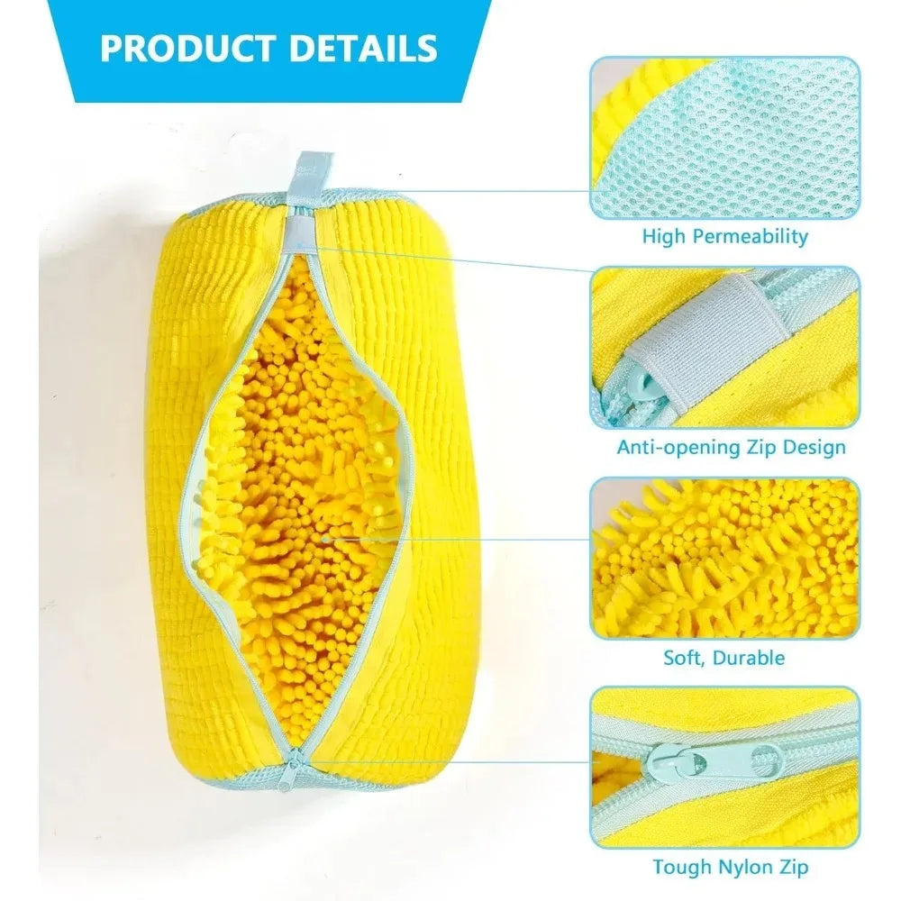 sac lavage chaussures réutilisable coton texture côtelée jaune bleu transparent fermeture éclair anse pratique