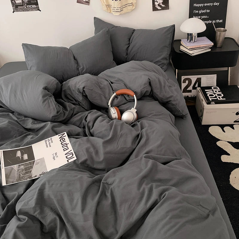 housse couette texturée gris foncé marron vert foncé olive décontractée minimaliste cozy chambre coucher