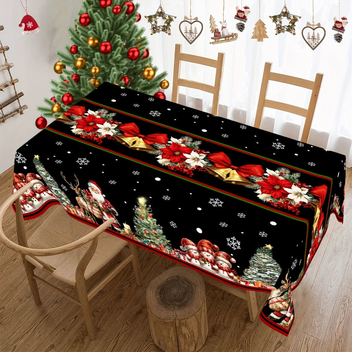nappe noire noël motifs santas flocons ornement table maison fête banquets roues festive