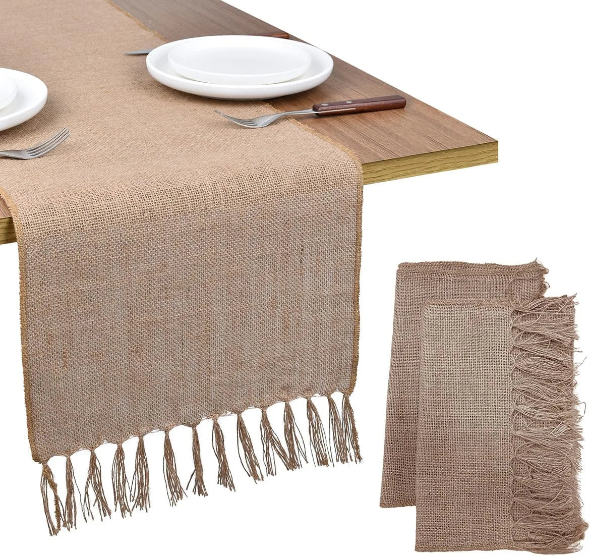chemin table toile jute beige rustique serviettes décoration salle manger
