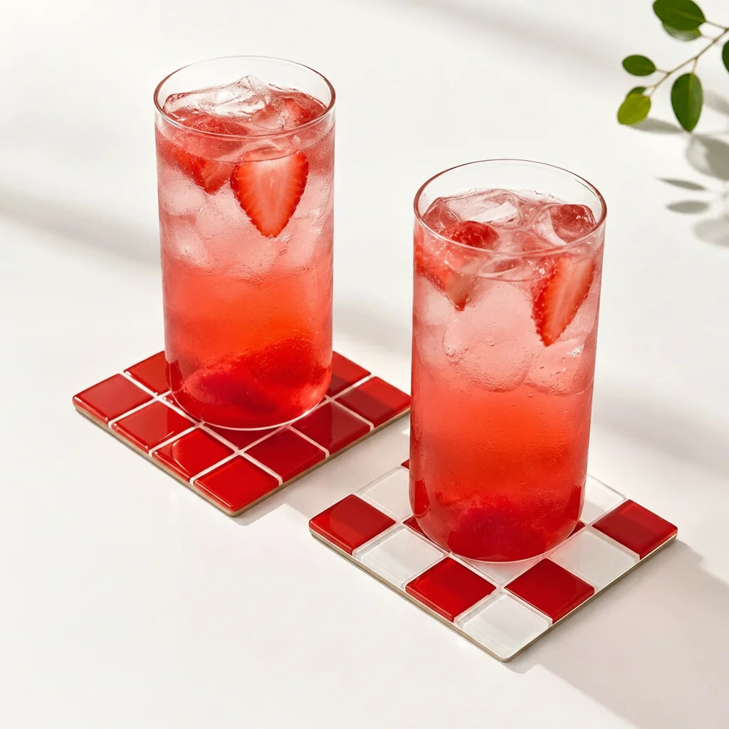 coasters verre résistant chaleur carreaux géométriques couleur rouge vert beige bleu noir jaune rose