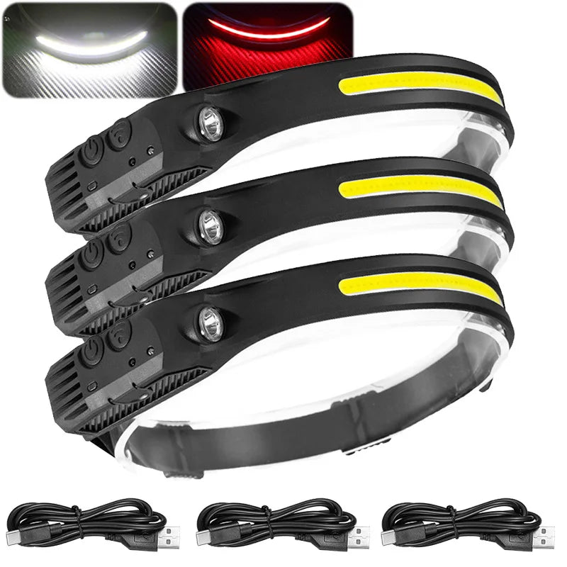 lampe frontale led rechargeable noir jaune fluo modes étanche détecteur mouvement camping pêche randonnée