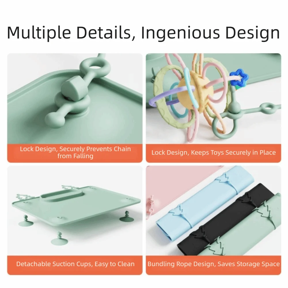 tapis d'activité bébé silicone anti dérapant ventouses jouets compartiments moderne minimaliste