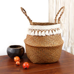 panier tissé marron clair franges blanches boho rangement réutilisable respectueux environnement